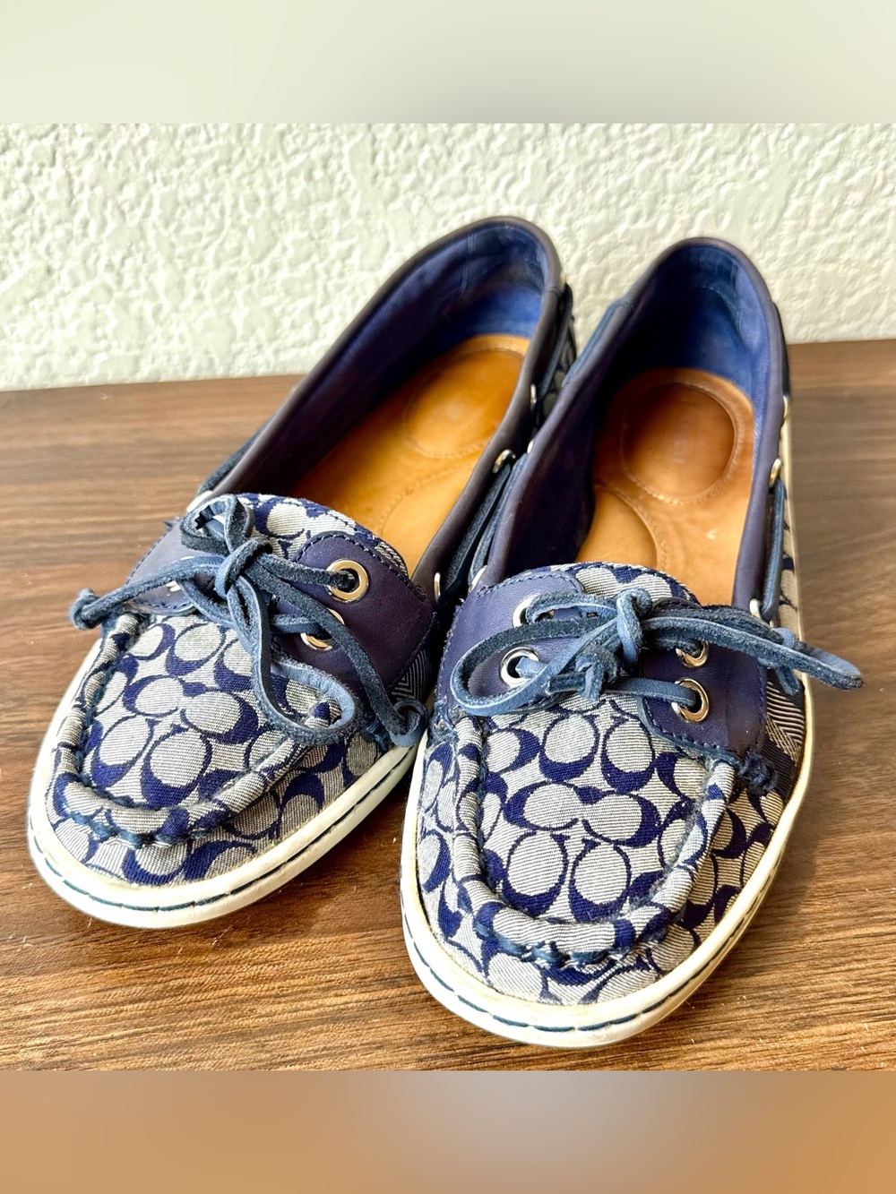 Coach Navy Signature Canvas Boat Loafers - Women Rainey Boat Shoes 7B
